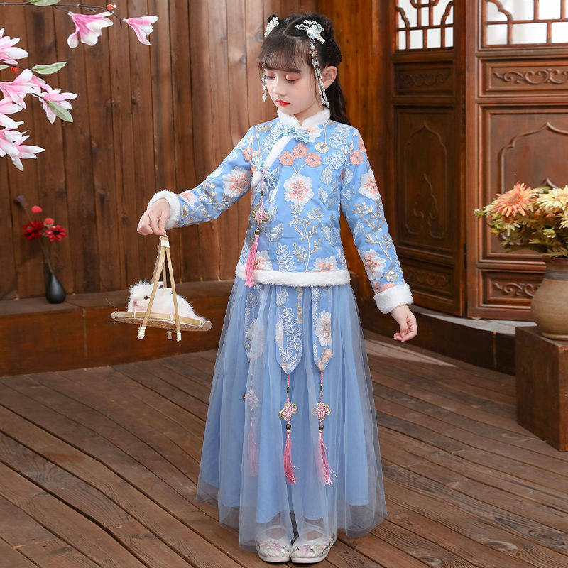 Baby Clothing Winter - 女の子の漢服古代の衣装、子供のステージドレス、ベビータンのスーツ、赤、ピンク、新年の服、厚く、秋、冬、2024