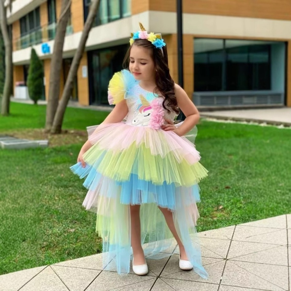 Baby Clothing For Girls - レインボーユニコーンベビーパーティーガールズドレススパンコールユニコーン誕生日プリンセスドレス結婚式の花嫁介添人洗礼子供服 ASQ03