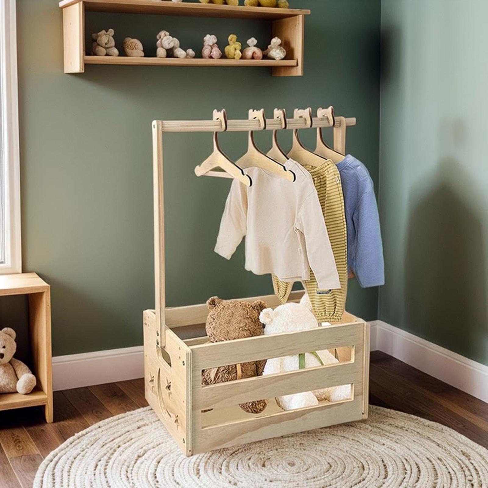 Baby Clothing Rack For Baby Shower - ベビー服収納ボックス、5本のハンガー付き木製おむつ収納ラック、ベビーシャワー用衣類バスケット、おもちゃ収納ボックス