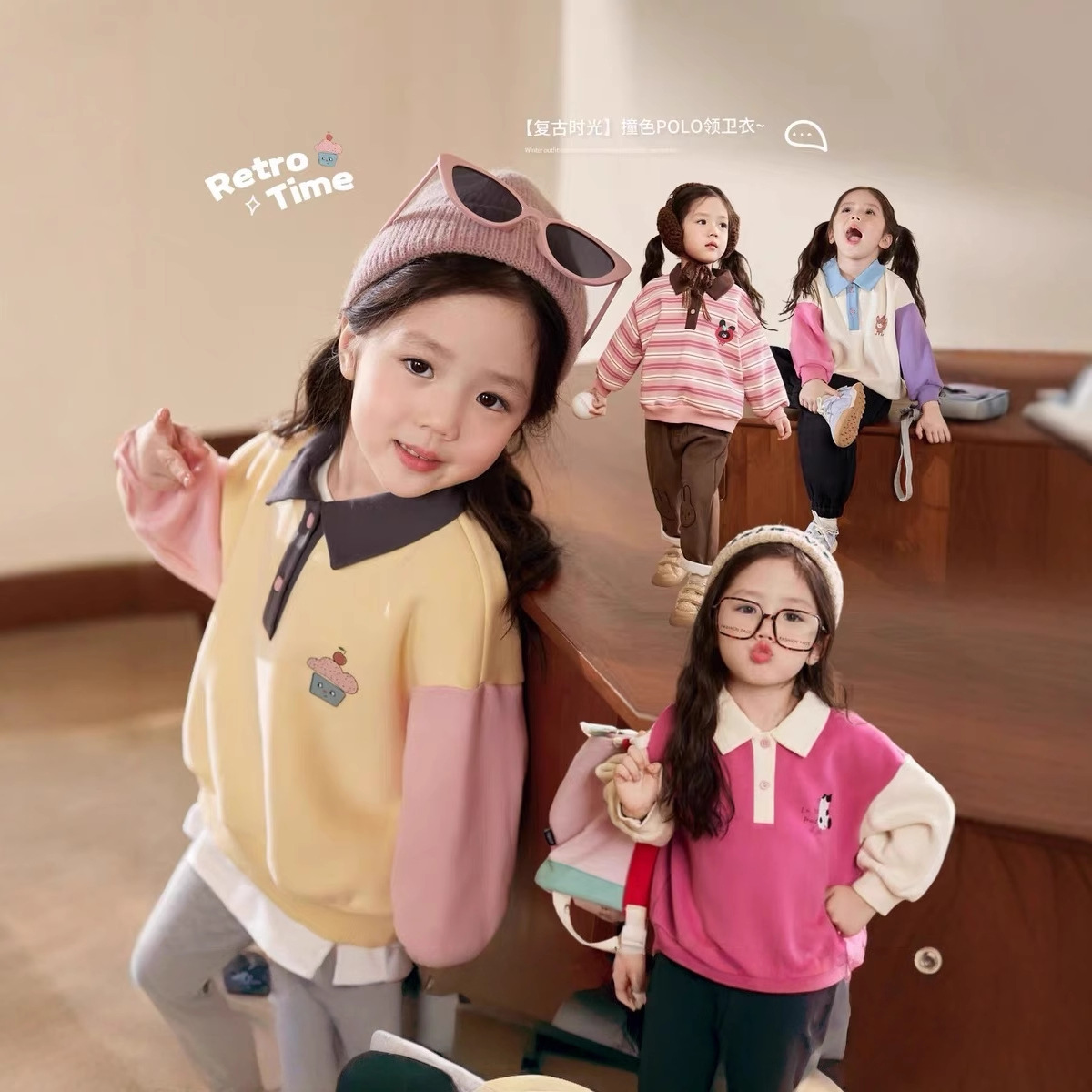 Baby Clothing Winter - クリーム色のホームウェア、ベビーポロカラーフーディー、レディースカラーコントラスト、2025年冬服、ベビー用プラッシュ長袖トップス、トレンド