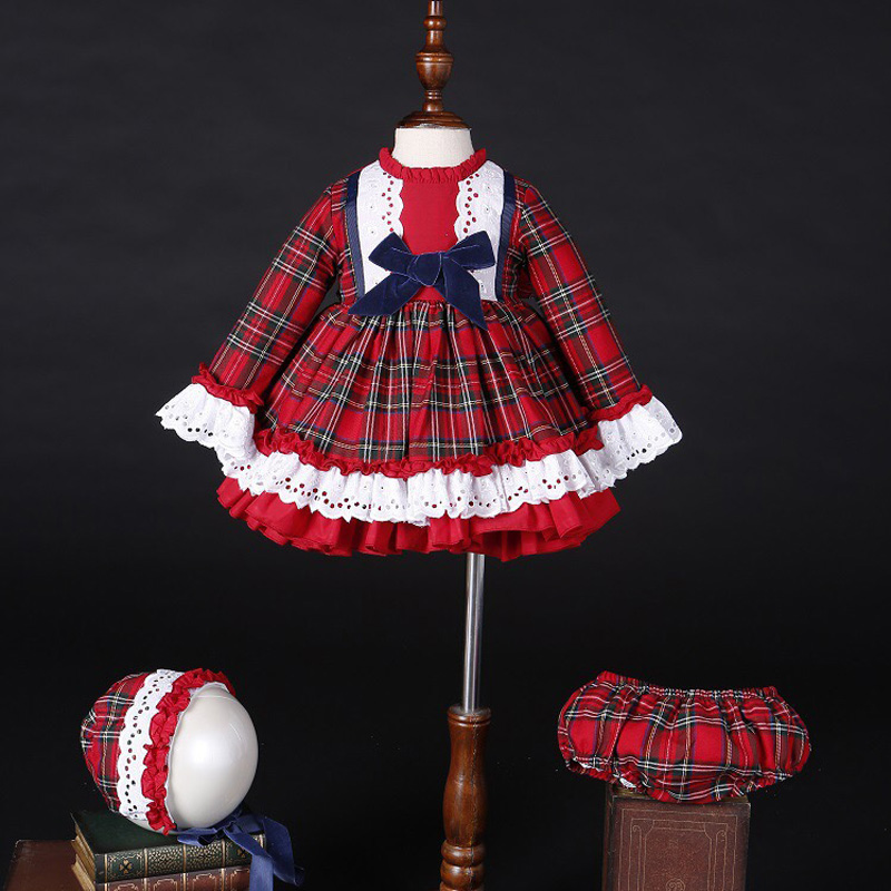 Baby Clothing Winter - 女の赤ちゃん秋冬クリスマス赤チェック柄ヴィンテージスペインポンポンボールプリンセスドレス綿ロリータパーティー服帽子パンツ C5